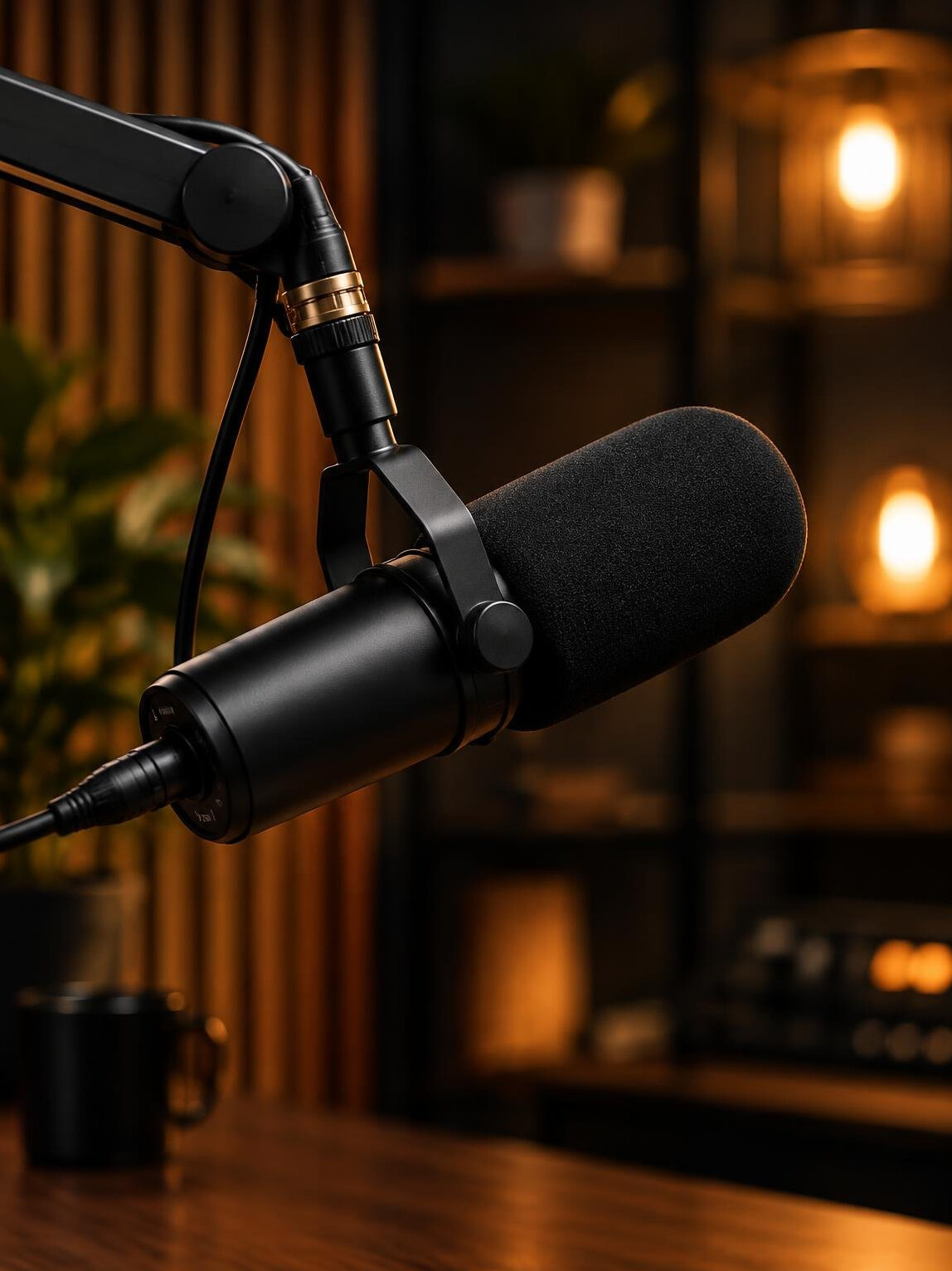 Studio microphone in front of warm studio lights