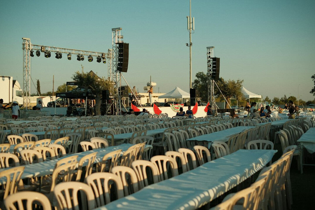 Stage with seating and lighting rig before a live event