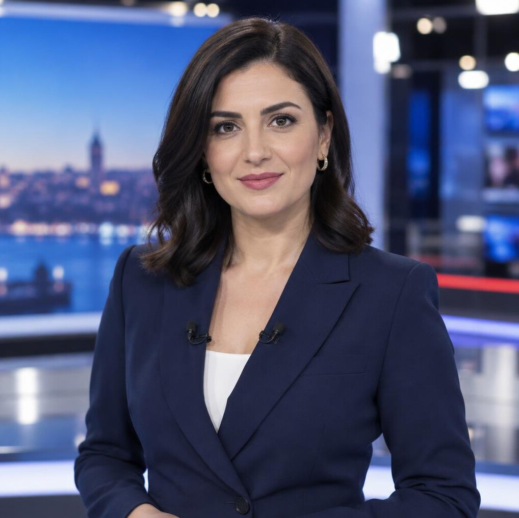 Turkish woman TV presenter in a broadcast studio