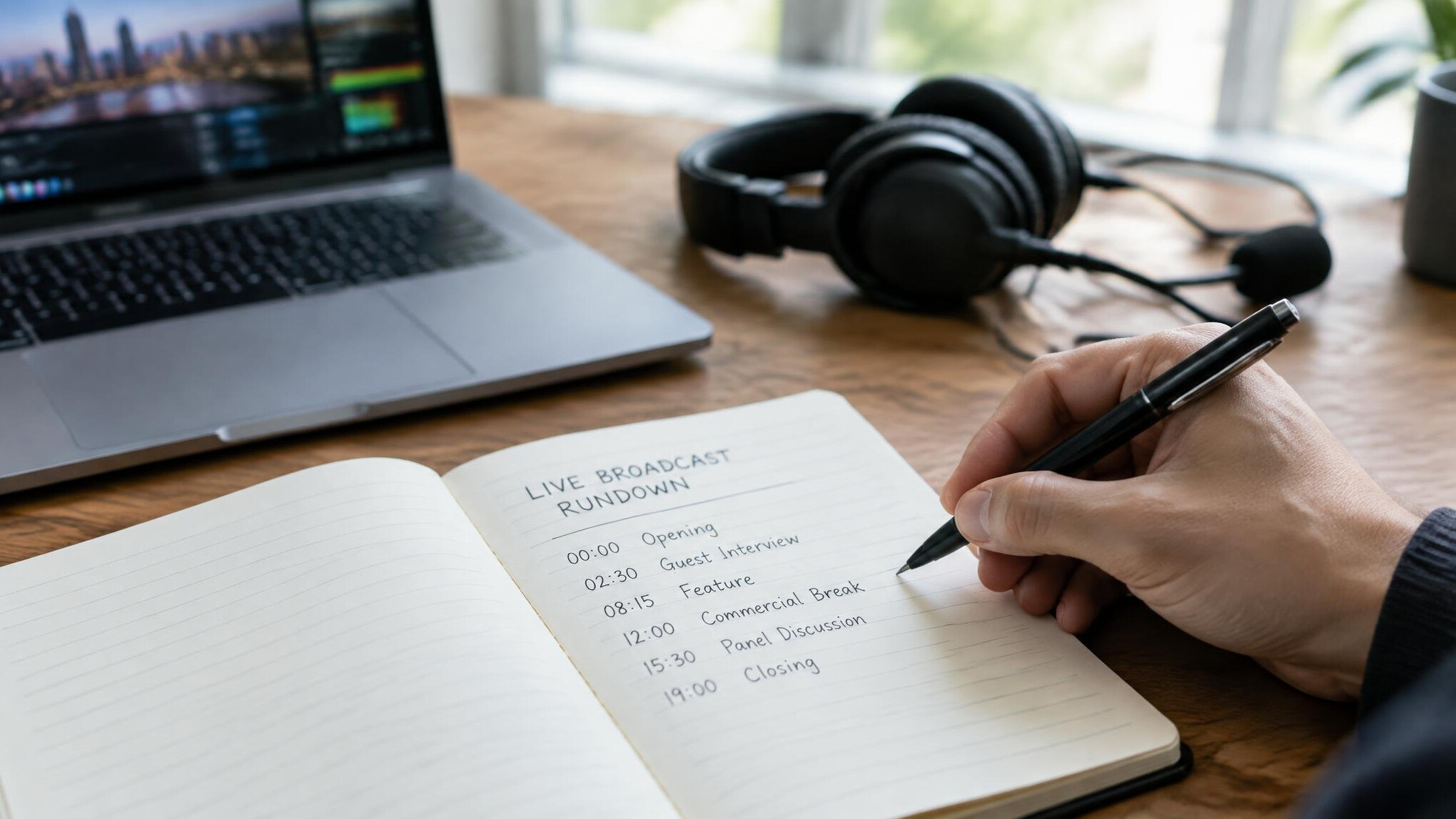 Hand writing broadcast rundown notes in a notebook on a desk